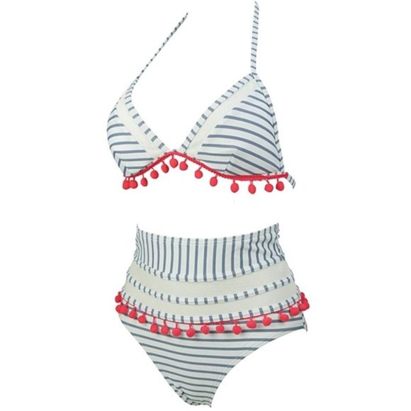 COCOSHIP GRAY STRIPE POM POM TWO PIECE SWIMSUIT - Picture 3 of 4